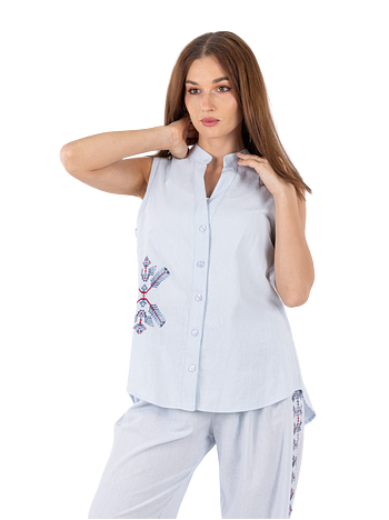 Sleeveless linen shirt (cut) with light embroidery